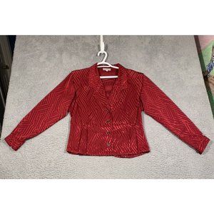 Vintage Evan Picone Burgundy Red Collared Button Blouse‎ Satin Geometric Size 10